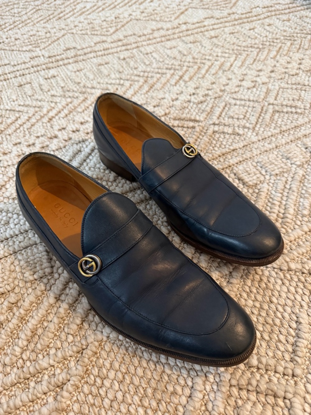 Gucci Men's Navy Leather Loafers with Interlocking G